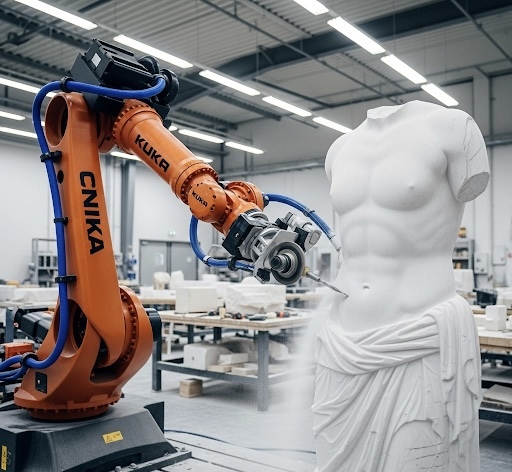Robot CNIKA R25 durante la fresatura di una statua